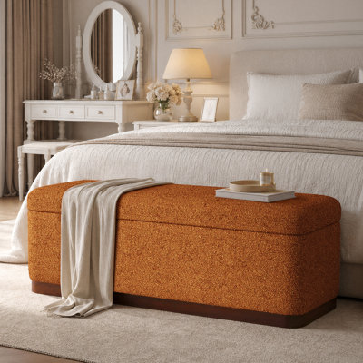 Banc de rangement rembourrÃ© moderne en bouclÃ© de 117 cm avec base en bois massif et compartiment dissimulÃ©