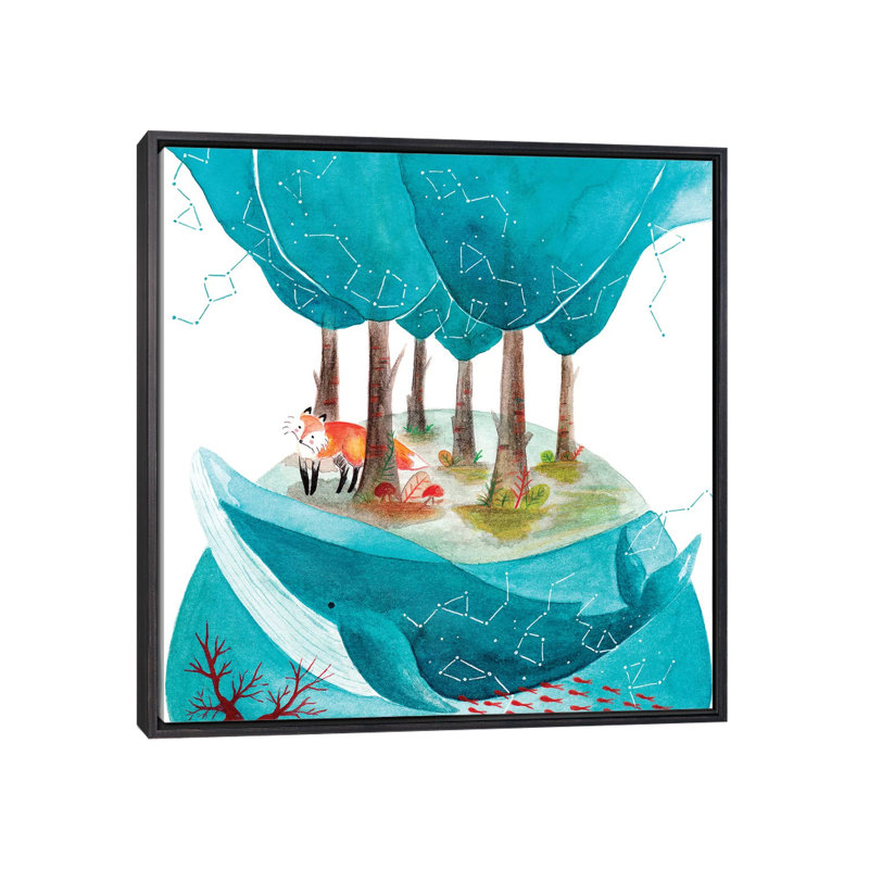 Renard et baleine II - impression, Toile avec cadre noir patiné, Pas de tapis, H 37 po x l 37 po x P 1,5 po