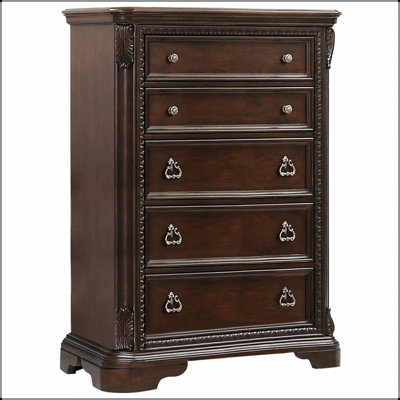 Mahogany Traditional 5 Drawer Chest With Custom Hardware, Spacious Storage, And Durable Construction For Elegant Home Organization.