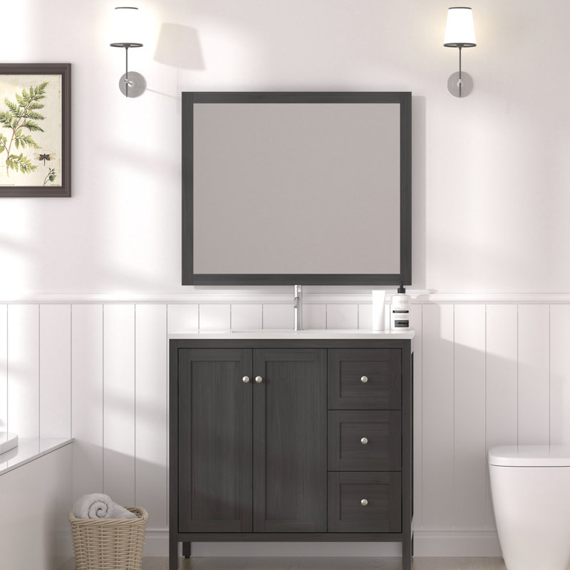 Meuble-lavabo de 35,5 po, noir, lavabo en résine, armoire spacieuse, charnières, surface imperméable, tiroirs de conception américaine, conception à éclaboussures, fabrication en contreplaqué, durabilité