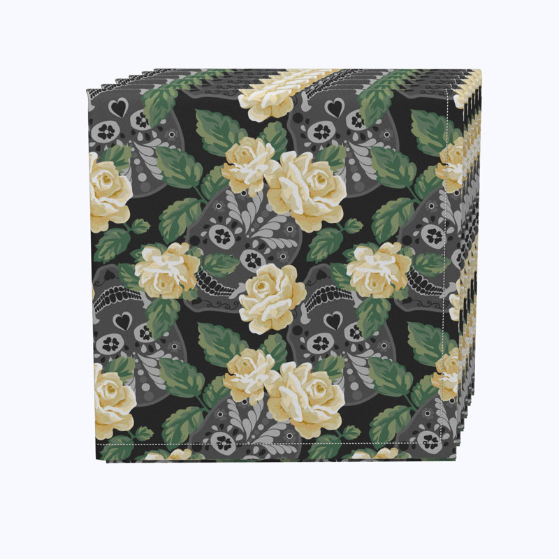 Polyester Floral Square Napkin, White Rose and Skull Faces