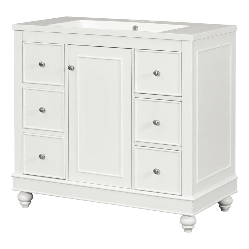 Armoire de salle de bain contemporaine avec lavabo en résine, 4 tiroirs et 1 porte Drostan, Blanc