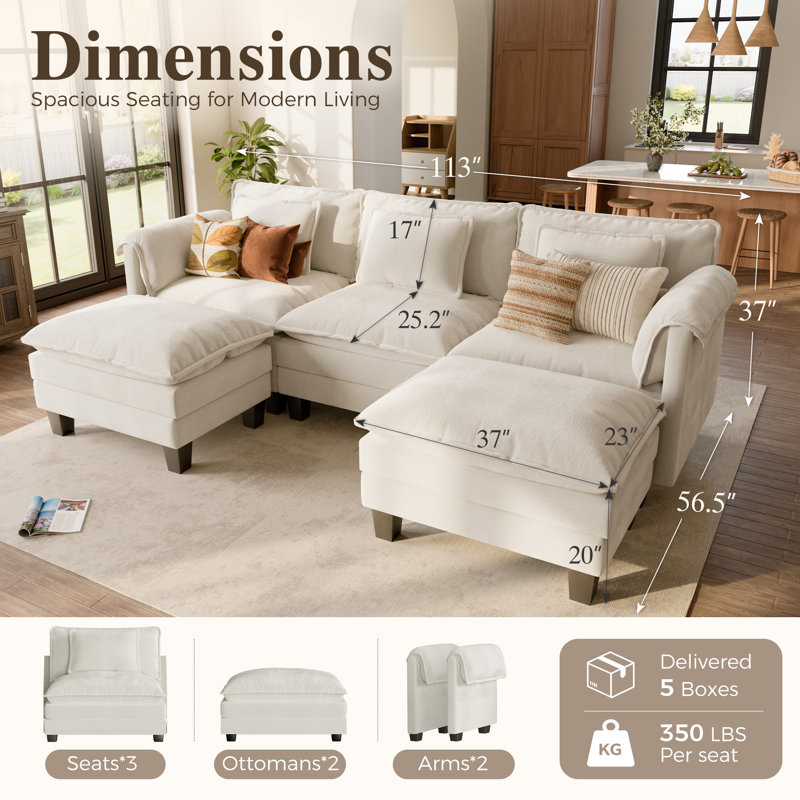 Canapé modulaire Boneless, Chenille beige, H 34,1 po x l 113,8 po x P 55,3 po