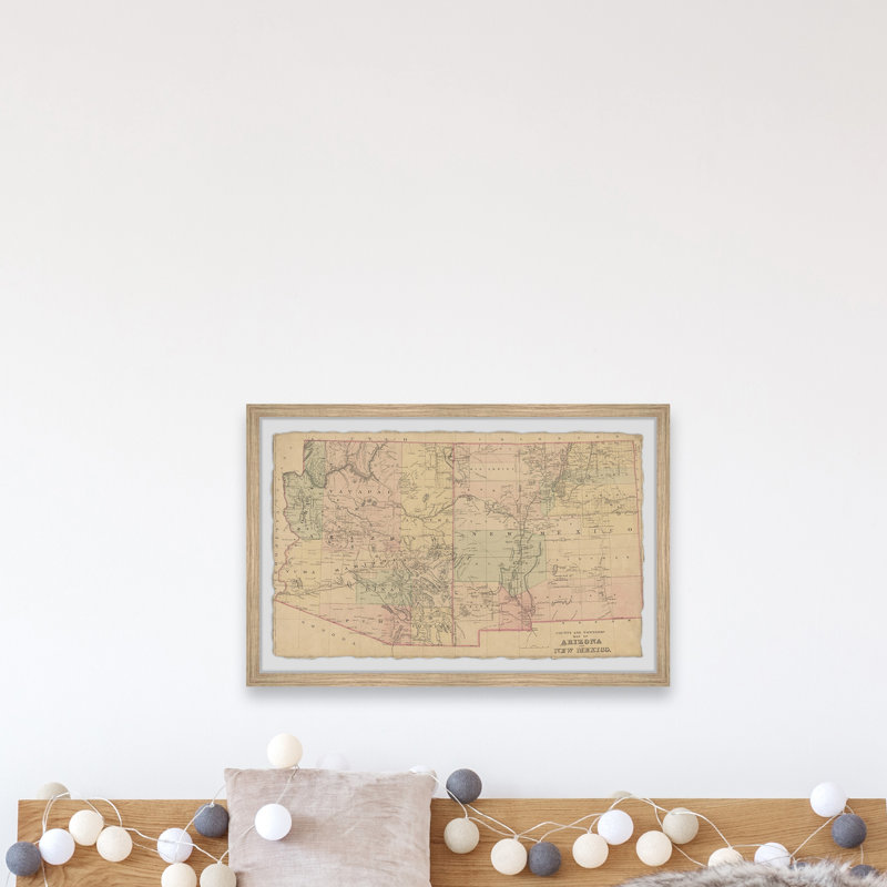 Carte de l'Arizona et du Nouveau-Mexique - Reproduction d'art graphique sur papier encadré, H 8 po x l 12 po x P 1,5 po