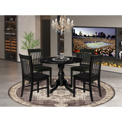 5 pc Dining Table Set Includes a Round Table and 4 Wooden Mid Century Dining Chair with Slatted Back - Wire brushed Black
