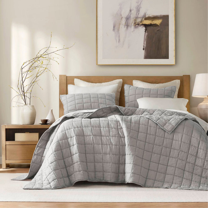 Ensemble de courtepointe 3 pièces en lin délavé, Full Quilt + 2 Shams, Grey