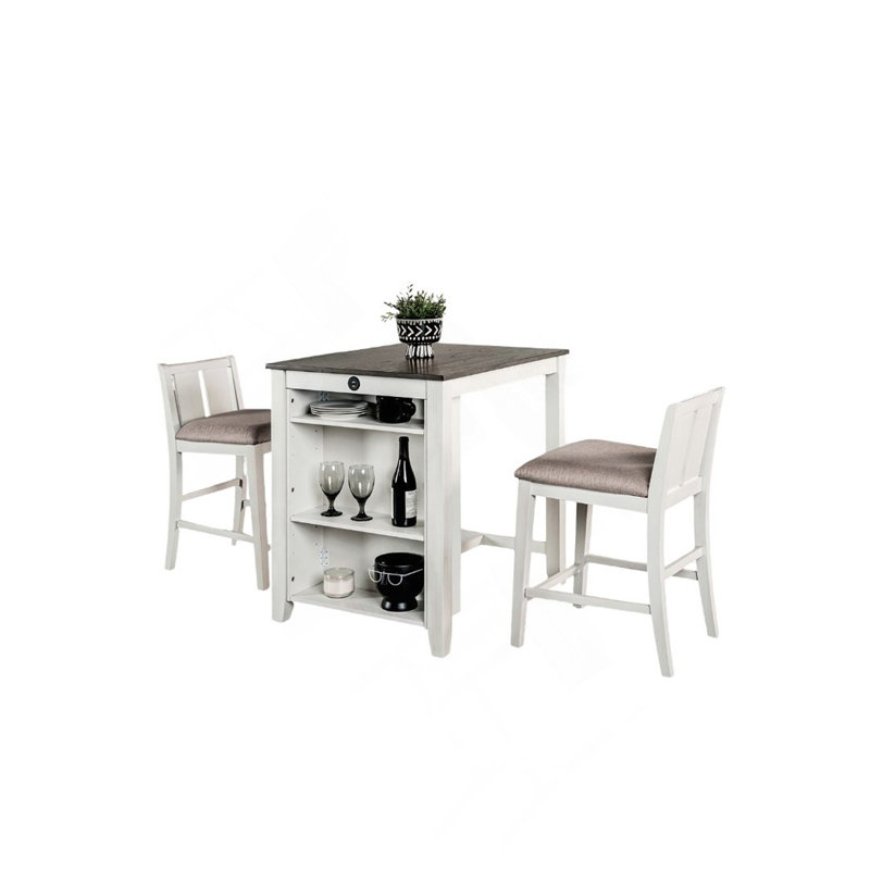 White And Grey Finish Transitional Style 3Pc Dining Set 1X Counter Height Table & 2X Chairs Storage Shelves USB Outlet Padded Seat Dining Room