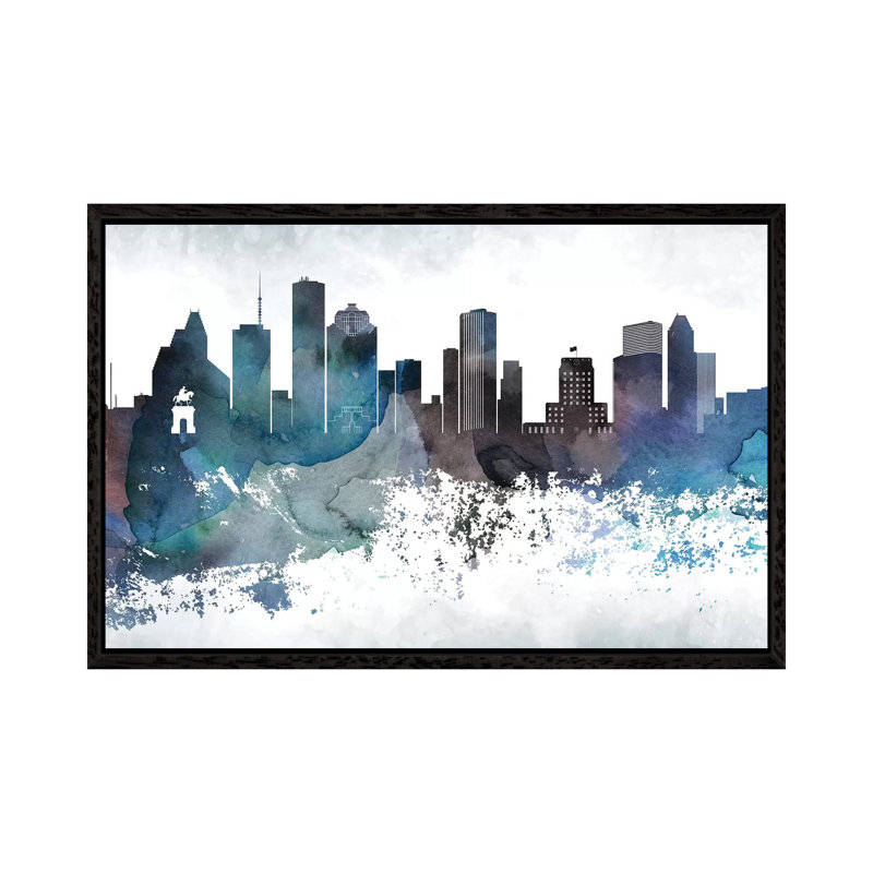 Houston Bluish Skylines - Print on Canvas, 66.04cm H x 101.6cm W x 3.81cm D, Black Framed