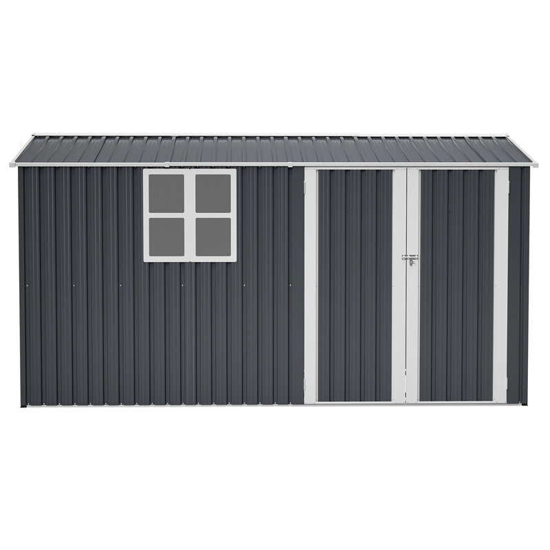 Remise de rangement extérieure 8 pi x 12 pi, bâtiment en acier très résistant XL avec fenêtre - avec portes à charnières grises et 4 bouches d'aération pour la cour, le jardin et le patio