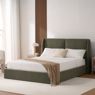 Upholstered Platform Bed Frame With Wingback Headboard, No Box Spring Needed, Olive Green Tweed