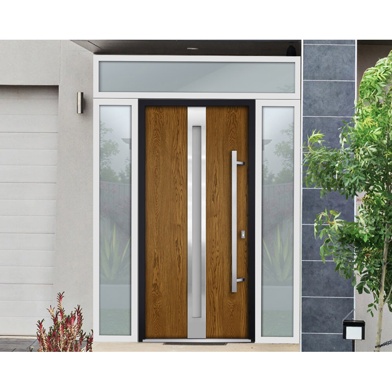 Porte d'entrée extérieure prémontée en acier Deux 1744 Chêne naturel, 2 fenêtres latérales et supérieures blanches, inserts en acier inoxydable, style moderne, peinte, L 12+36+12 x H 80+16, ouverture à gauche vers l'intérieur