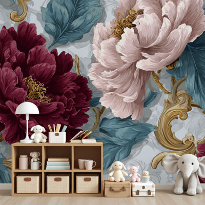 Papier peint auto-adhésif à motif de feuilles de sarcelle pivoine sarcelle à motif botanique rétro H 69 po x l 96 po, papier peint amovible en PVC, adhésif pour chambre à coucher, bureau à domicile