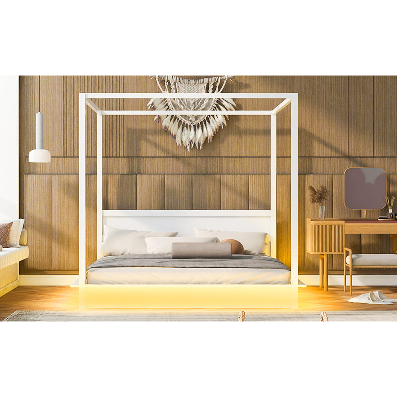 Très grand lit, blanc, lit à baldaquin plateforme, DEL, divers thèmes de chambre à coucher sous la table de chevet, éclairage à DEL, esthétique contemporaine