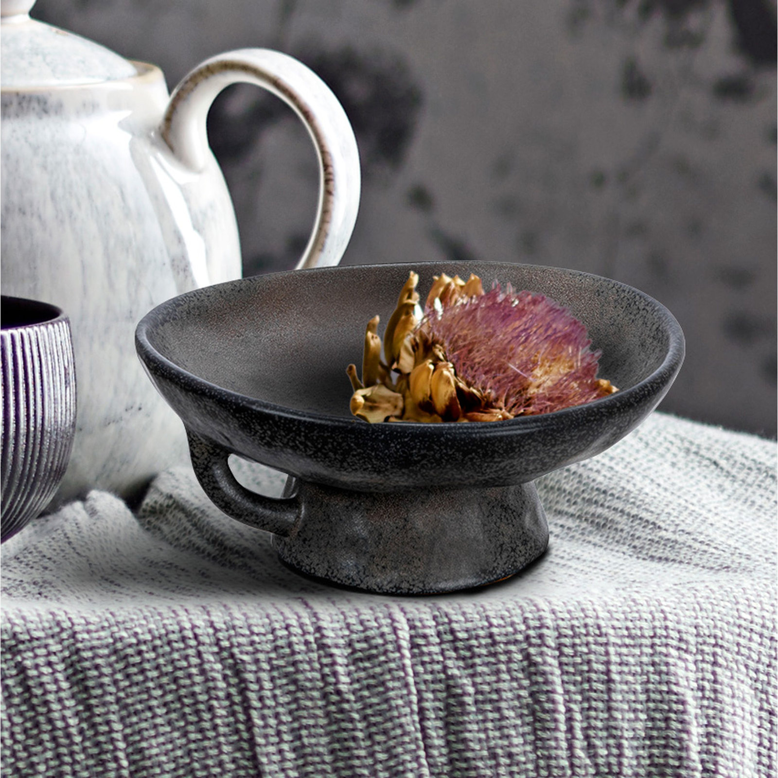 Stoneware Pedestal Serving Bowl, Black, 8" W