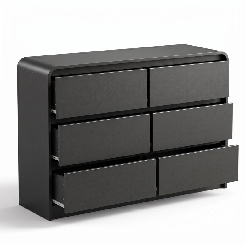 Commode 6 tiroirs moderne noire avec profil incurvé et rangement coulissant silencieux, Noir