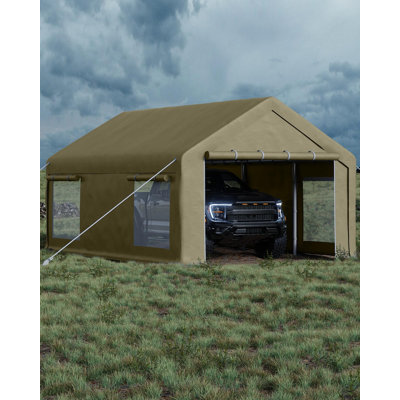 Heavy-Duty 12x20 ft Portable Garage Carport Shelter - 200G PE Waterproof Tarp Canopy, Galvanized Frame, 2 Roll-Up Doors, 4 Mesh Windows - Truck/SUV/Boat Storage, Outdoor Shelter - Yellow