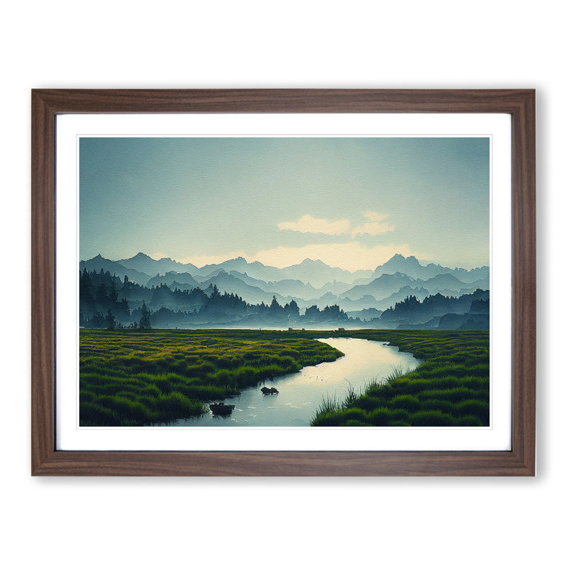 Distant Mountains Vol.1 - Single Picture Frame Painting, 46cm H x 64cm W x 2cm D, Walnut