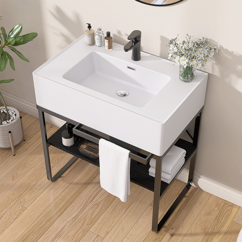Lavabo de salle de bain sur pied l 32 po x P 20 po avec lavabo console autoportant à surface solide blanc lustré et pattes en fer noir pour salle de lavage avec trou de robinet pré-percé