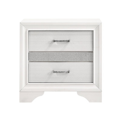 2 Drawers Nightstand In White For Bedroom Furniture - Rhinestone Handles, Glitter Accents With Stylish Glittering Stripes