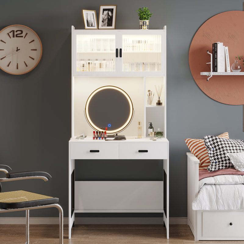 Bureau d'ordinateur l 31,5 po avec huche et armoire Berwaldt, Blanc
