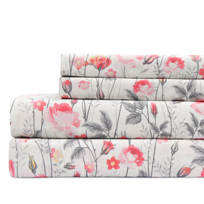 100% Cotton Full Size Bed Sheets Set with Deep Pockets, Cozy Percale sheets with Elastic Fitted Sheet 4 Piece Bedding and Pillowcase set, Blush Floral