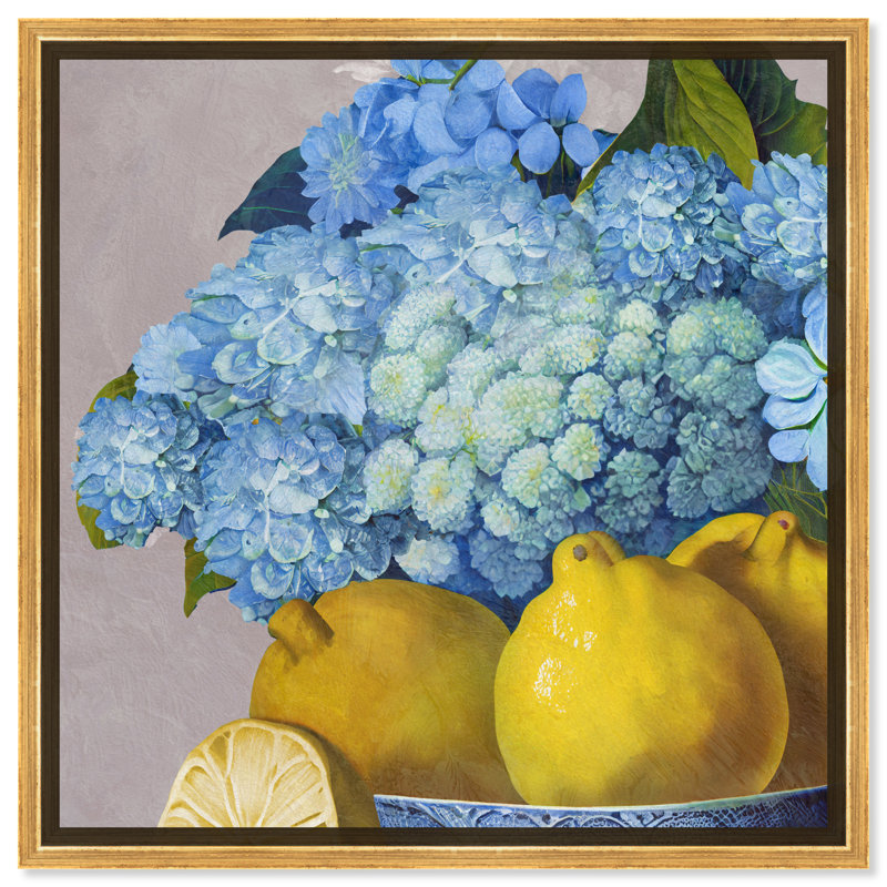 Hortensias et jour des citrons - Peinture, Encadrement doré, H 31,5 po x l 31,5 po
