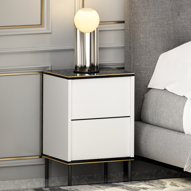 Modern Nightstand with 2 Drawers, White & Black with Gold Accents, 15.8 x 23.6 x 13.8 inches | 100% Melamine Coated Particle Board, Thickness: 0.7 inches | Stylish & Functional Design for Bedroom Storage