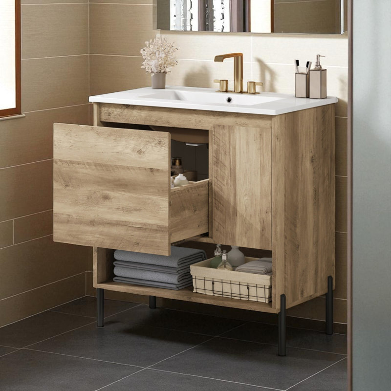 Meuble-lavabo moderne 30 po à grain de bois avec lavabo
