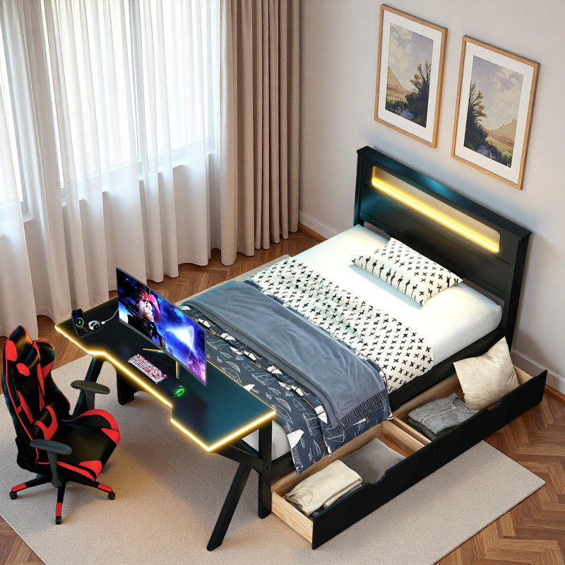 Lit plateforme en bois avec tête de lit, bureau à DEL, station de charge et 2 tiroirs de rangement, Lit simple