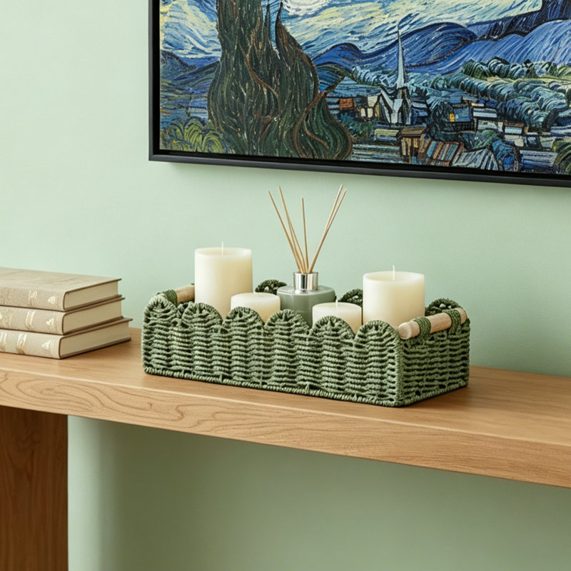 Green Wavy-Edged Paper Rope Storage Basket With Double Wooden Handles. Portable Design, Elegant Decorative Piece For The Home. Suitable For Toilet Shelves, Side Tables, And Miscellaneous Storage Baskets.