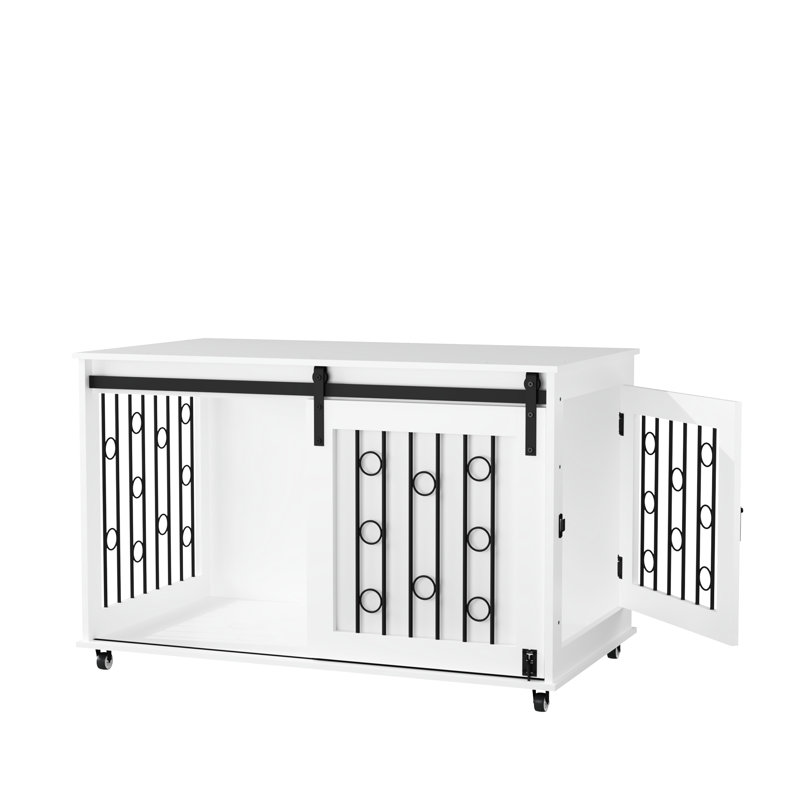 Meuble de 39,96 po moderne pour cage de chien, blanc avec porte de grange coulissante et côté pour petits et moyens chiens d'intérieur, barres en métal, roues verrouillables, cage d'assemblage facile à déplacer sur la surface fonctionnelle, barres de chenil