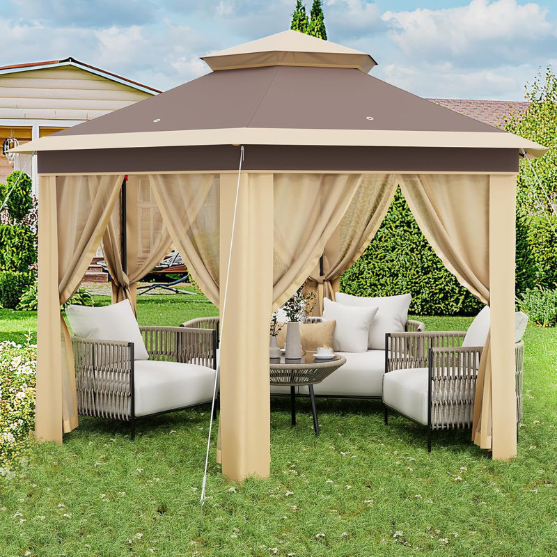 13x13ft Outdoor Canopy Tent With Mosquito Netting, Khaki