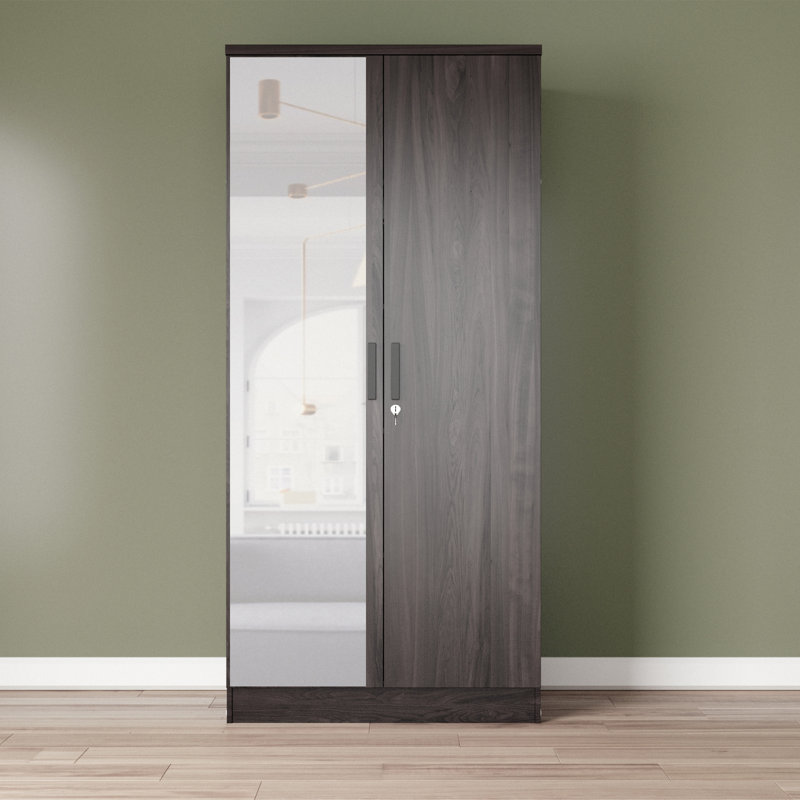 Armoire 2 portes Neiman, porte à miroir, Tabac