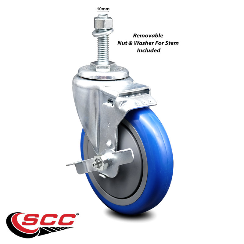 5 Inch SS Polyurethane Swivel 10mm Threaded Stem Caster with Brake SCC, Blue