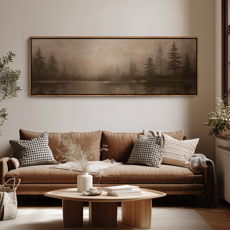 «Misty Pine Forest Reflection on Quiet Lake», art mural pour chambre à coucher ou espace de méditation, H 20 po x l 60 po