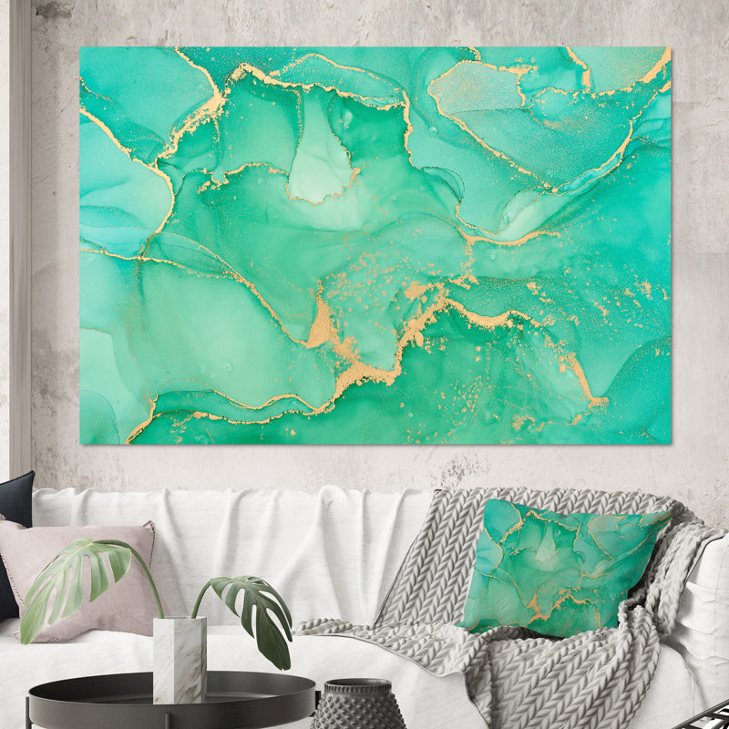 Turquoise et or, fluide abstrait luxueux - peinture sur toile, H 40 po x l 60 po x P 1,5 po, Toile tendue