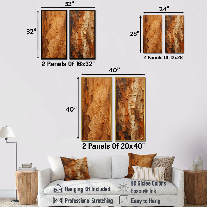 «Brown Tree Bark Essence II», ensemble de 2 reproductions d'art sur toile, H 40 po x l 41 po, Cadre flottant blanc