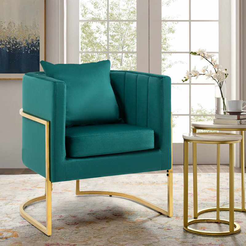 Velvet Modern Barrel Accent Chair with Pillow, Green
