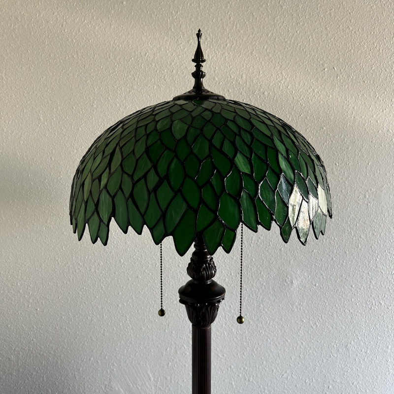 Simonson Tiffany Floor Lamp Stained Glass Green Leaves Metal Base LED Bulbs Included 16"W*16"D*64"H