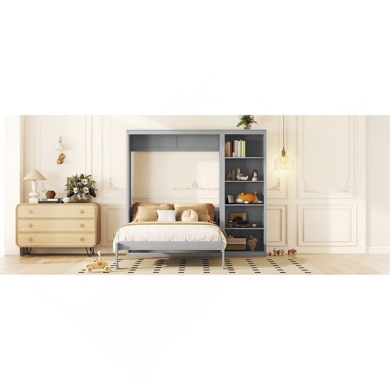 Grand lit escamotable polyvalent avec tablettes pour optimiser l'espace, Gris, Grand lit