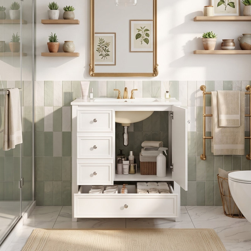 Meuble-lavabo de 30 po avec trois tiroirs et une structure en bois massif, Blanc