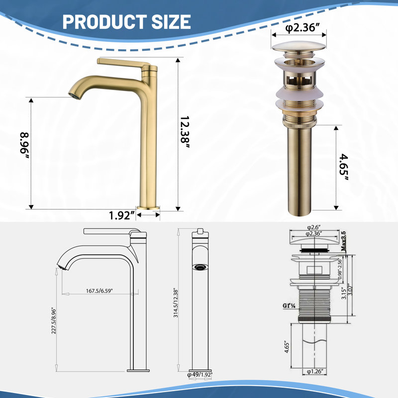 Robinet de lavabo vasque à poignée simple 12,38 "en laiton massif avec bonde, Or brossé