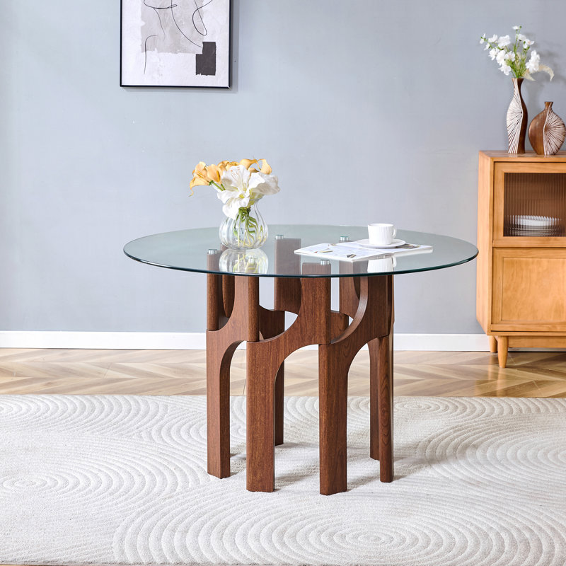 Table de salle à manger ronde en verre trempé, base sculpturale en noyer de style Mid-Century moderne, table de cuisine compacte pour 2 à 4 personnes pour les petits espaces