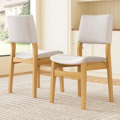 Upholstered Stackable Dining Chairs Set Of 2 - Linen Fabric Seat & Backrest, Solid Wood Frame, Rustic Kitchen Chairs For Dining Room, Living Room, Natural