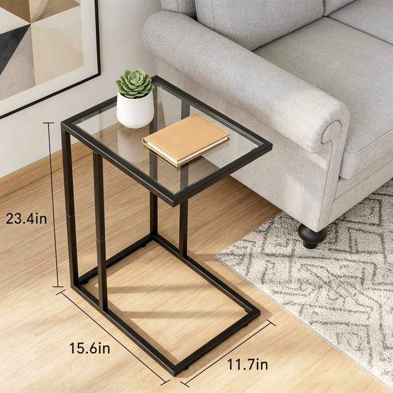 Table de bout en forme de C, petite table d'appoint avec plateau en verre trempé et structure en métal pour canapé, canapé, chevet, salon, chambre à coucher, style moderne