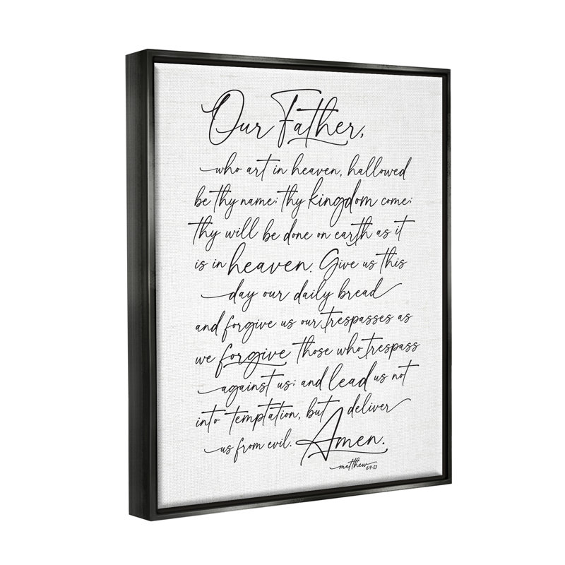 «Our Father», lecture de la prière religieuse, écriture spirituelle, toile noire encadrée flottante encadrée par lettrage et doublure