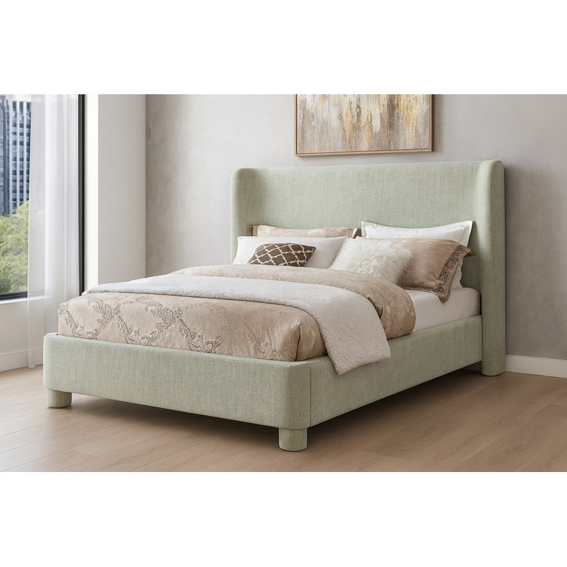Hridhaan Upholstered Unfinished Wingback Bed, King, Olive Green Chenille Fabric