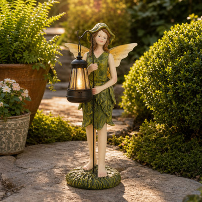 Elegant Resin Fairy Holding Solar Lamp Statue For Garden Yard Decor - Magical Outdoor Sculpture Decorative Piece Accent For Patio - 12" Green & Yellow