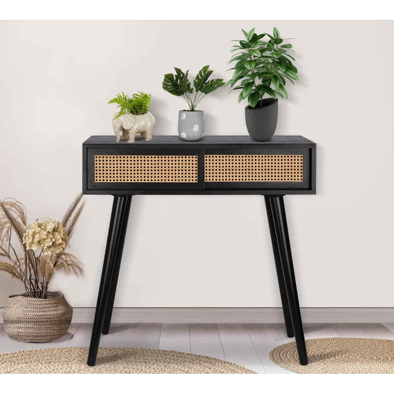 31" Console Tables For Entryway, Vanity Desk Rattan Dresser Side Table Black Entry Table Narrow Console Table Modern Hallway Table Boho Sofa Table