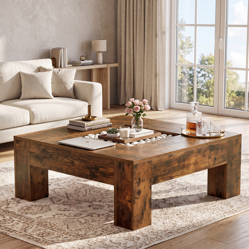 Table basse carrée en bois de 100 cm (39,4 pouces), table basse de style campagnard avec niche centrale, brun rustique